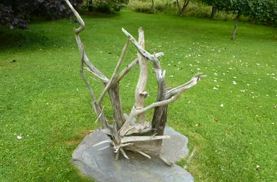 Tall driftwood sculpture set on a stone slab on the lawn