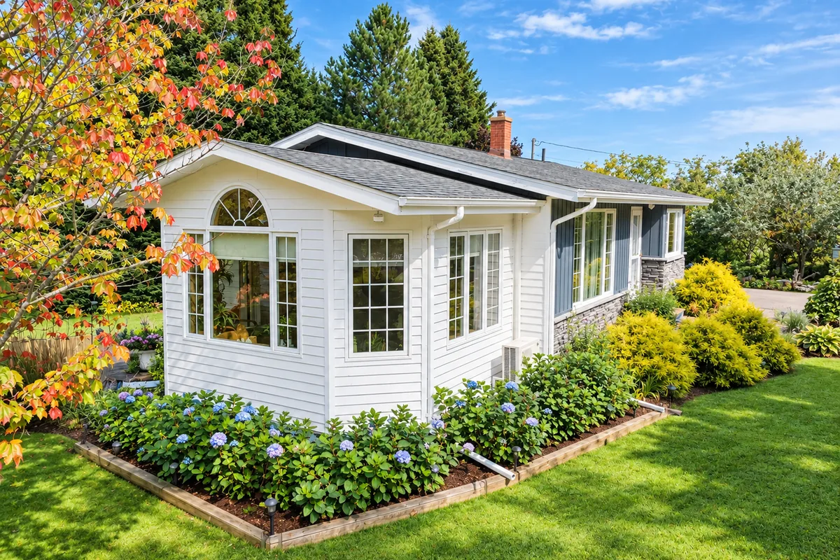 The sunroom corner of the house, with hydrangeas along the front