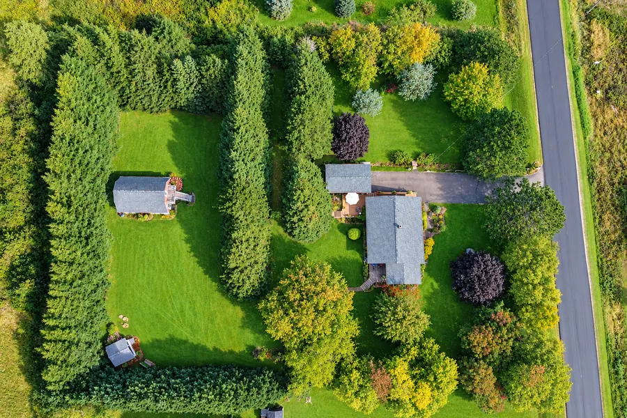 The house, gardens and tree rows seen from straight above